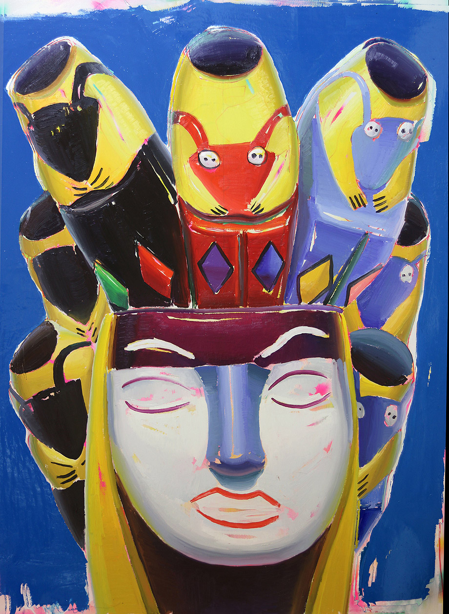 ANA BARRIGA. «La dama de los peines».Óleo, esmalte, rotulador y spray.116 x 81cm