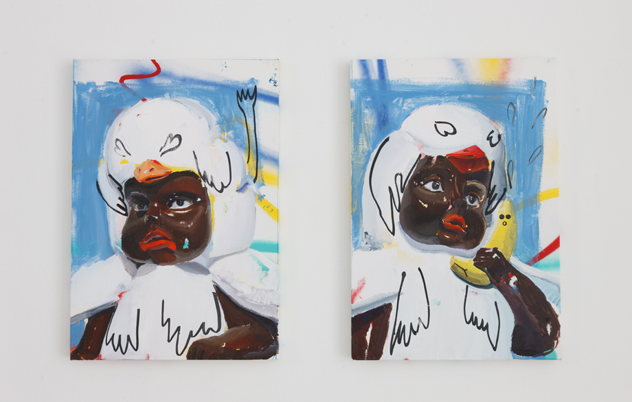 ANA BARRIGA. “Soy tu pollo” y “Llamame pollo”, 2017. Óleo, rotulador, esmalte y spray sobre tela, 55 x 38.